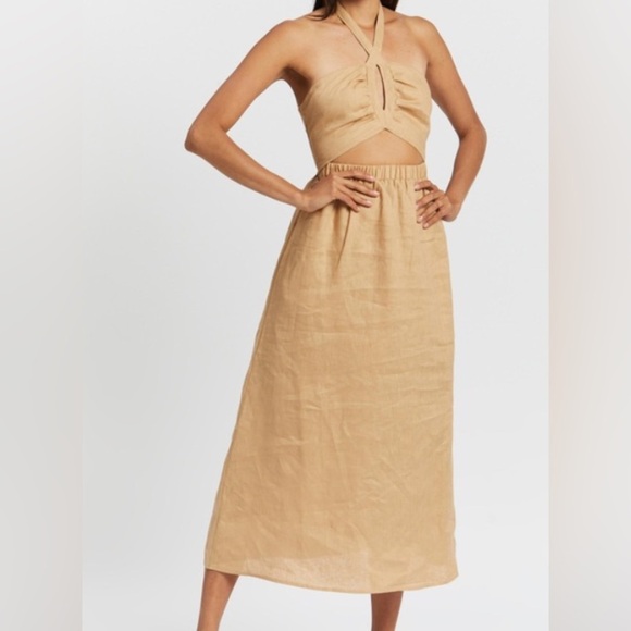 AERE Tie Neck‎ Halter Midi Beige/Tan Dress Size 12 NWT - Picture 1 of 11